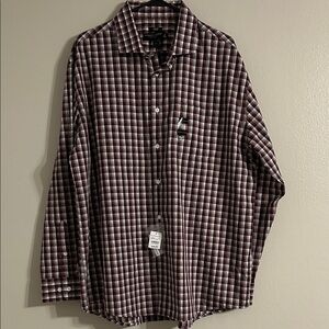 Men’s Warehouse NWT Maroon Plaid Button up Slim Fit 34/35